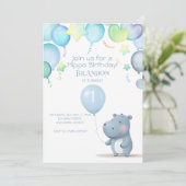 Hippo Birthday sanft blau einfache Einladung (Stehend Vorderseite)