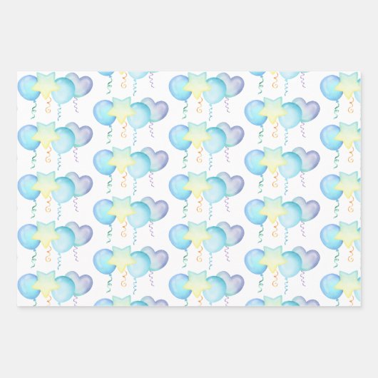 Hippo Birthday Soft Blue Ballon Geschenk Geschenkpapier Set (Vorderseite 3)