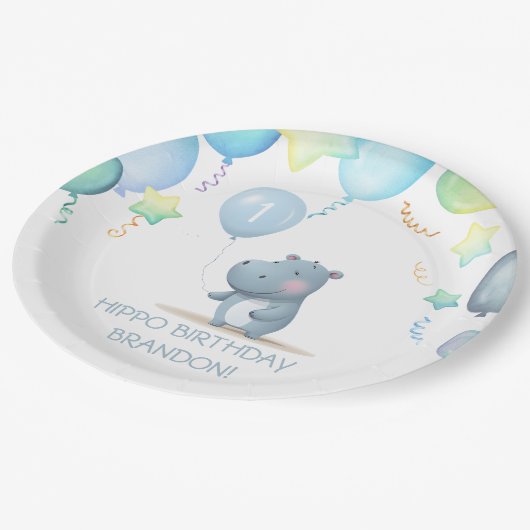 Hippo Birthday weich blaue, einfache Papiertüte Pappteller (Schrägansicht)
