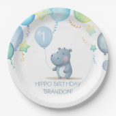Hippo Birthday weich blaue, einfache Papiertüte Pappteller (Vorderseite)