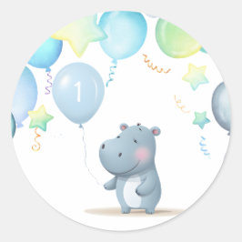 Hippo Birthday Weichblau Runder Aufkleber