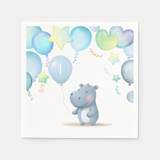 Hippo Birthday weiche blaue Servietten (Vorderseite)