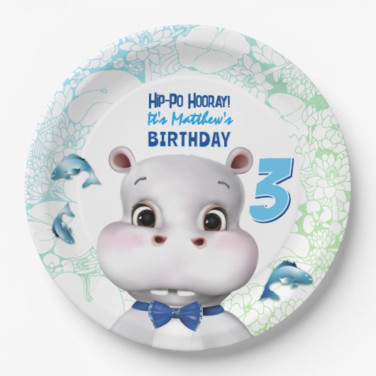 Hippo Blau Fisch Junge Geburtstag Pappteller (Vorderseite)