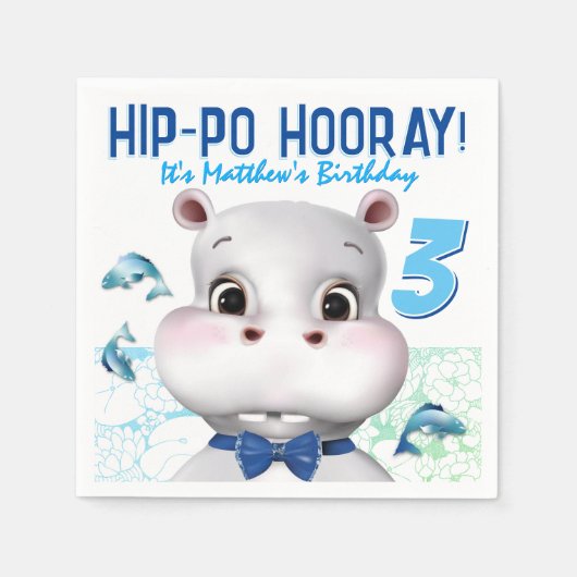 Hippo Blau Fisch Junge Geburtstag Serviette (Vorderseite)
