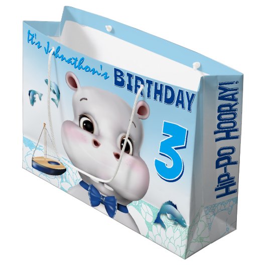 Hippo Blau Junge Geburtstag Große Geschenktüte (Vorderseite Schrägansicht)