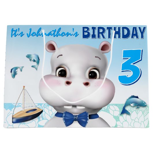 Hippo Blue Boy Birthday Große Geschenktüte (Vorderseite)