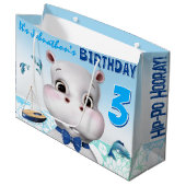 Hippo Blue Boy Birthday Große Geschenktüte (Vorderseite Schrägansicht)