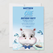 Hippo Blue Fish Boy Geburtstag Einladung (Vorderseite)