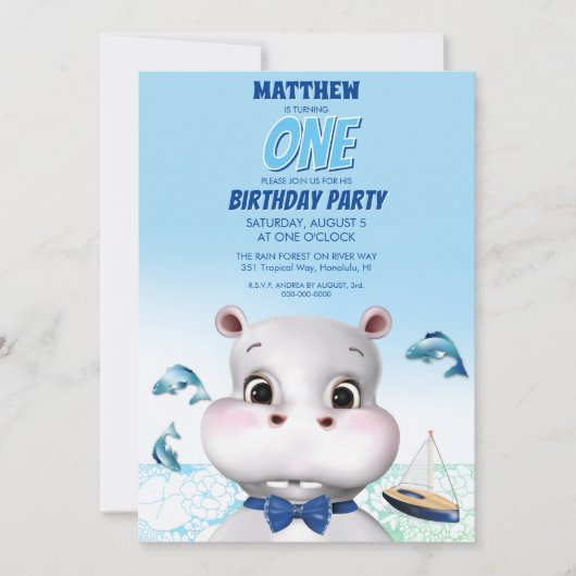Hippo Blue Fish Boy Geburtstag Einladung (Vorderseite)