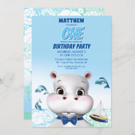Hippo Blue Fish Boy Geburtstag Einladung