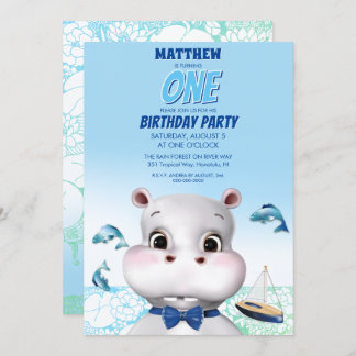 Hippo Blue Fish Boy Geburtstag Einladung