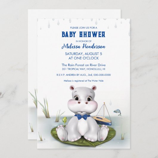 Hippo Boy Baby Dusche Einladung (Vorne/Hinten)