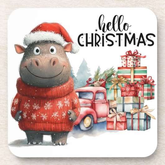 Hippo Christmas Themed für Tierliebhaber Getränkeuntersetzer (Vorderseite)