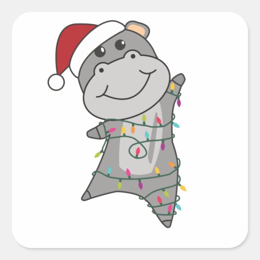 Hippo Frohe Weihnachts Winter Tiere Hippos Quadratischer Aufkleber (Vorderseite)
