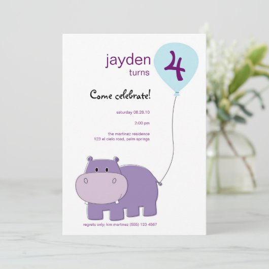 Hippo Geburtstagseinladung Einladung (Stehend Vorderseite)