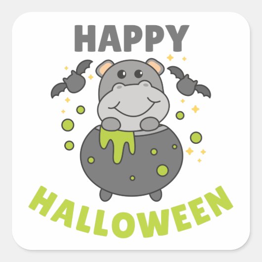 Hippo Happy Halloween Cauldron Bat Square Sticker (Vorderseite)