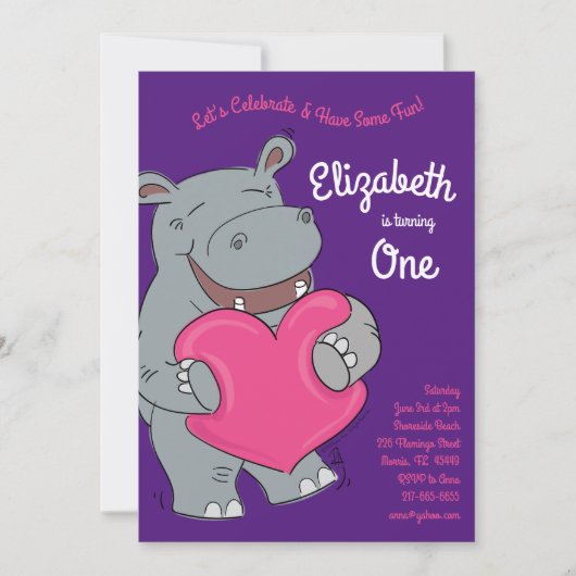 Hippo Hugs Geburtstagsparty Einladung (Vorderseite)