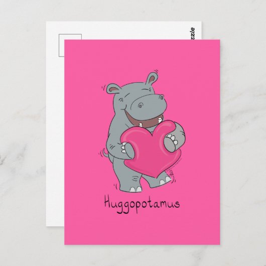 Hippo Hugs Valentinstag Postkarte Rosa (Vorne/Hinten)
