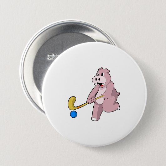 Hippo im Hockey mit Hockey-Schläger Button (Vorne & Hinten)