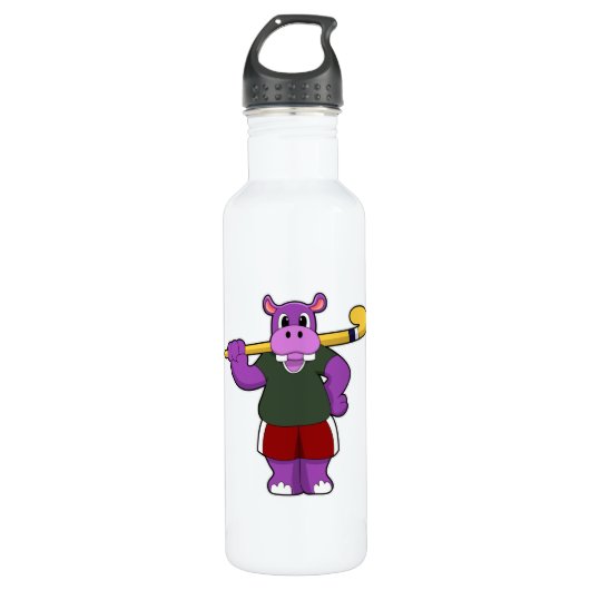 Hippo im Hockey mit Hockey-Schläger Edelstahlflasche (Vorderseite)