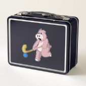 Hippo im Hockey mit Hockey-Schläger Metall Brotdose (Rückseite)