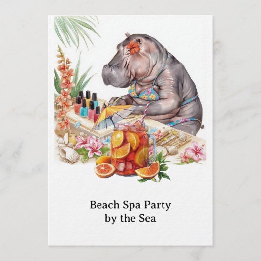Hippo in Bikini Manicure Coastal Beauty beach spa Einladung (Vorderseite)