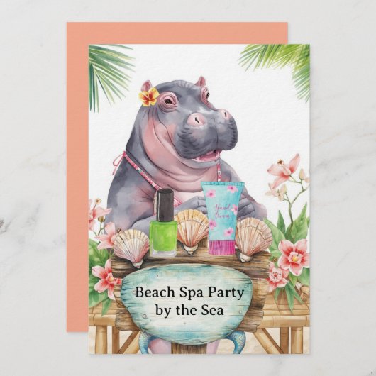Hippo in Bikini Manicure Coastal Beauty beach spa Einladung (Vorne/Hinten)