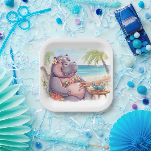 Hippo in bikini relax by the beach  pappteller (Party)