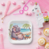 Hippo in bikini relax by the beach  pappteller (Party)