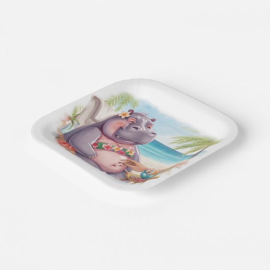 Hippo in bikini relax by the beach  pappteller (Gewinkelt)