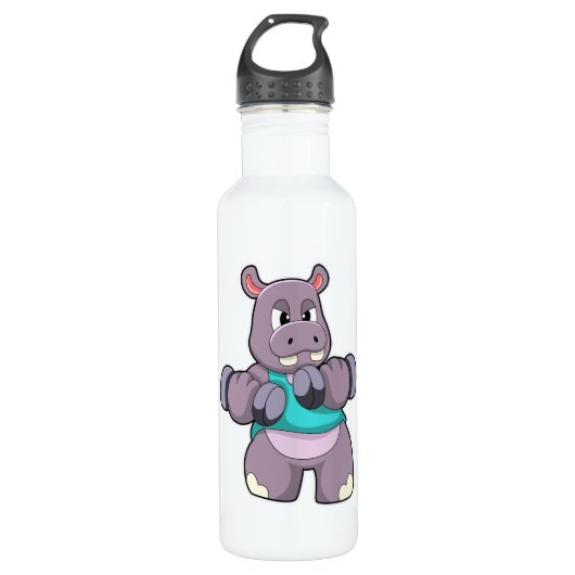 Hippo in Bodybuilding mit Dumbells Edelstahlflasche (Vorderseite)