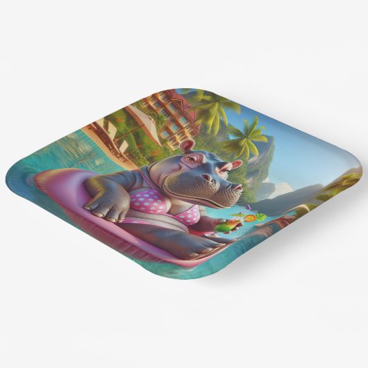 Hippo in einem Pool mit Cocktailgetränk Pappteller (Gewinkelt)