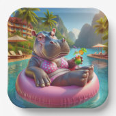 Hippo in einem Pool mit Cocktailgetränk Pappteller (Vorderseite)