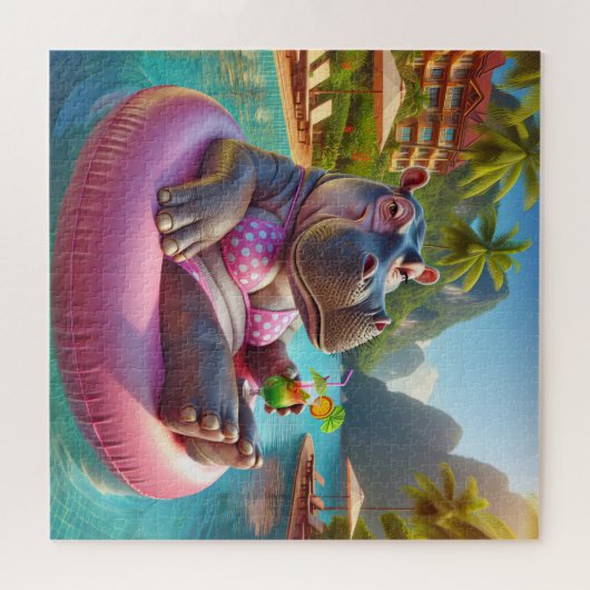 Hippo in einem Pool mit Cocktailgetränk Puzzle (Horizontal)