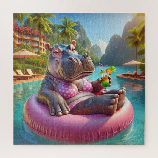 Hippo in einem Pool mit Cocktailgetränk Puzzle (Vertikal)