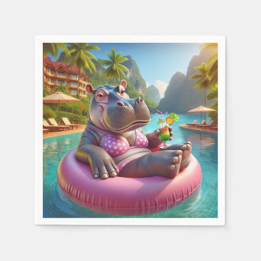 Hippo in einem Pool mit Cocktailgetränk Serviette (Vorderseite)