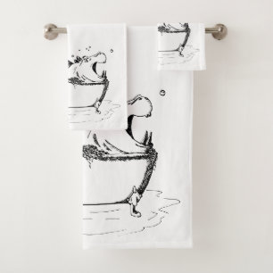 Hippo in the Bath Fun Illustration Black Badhandtuch Set