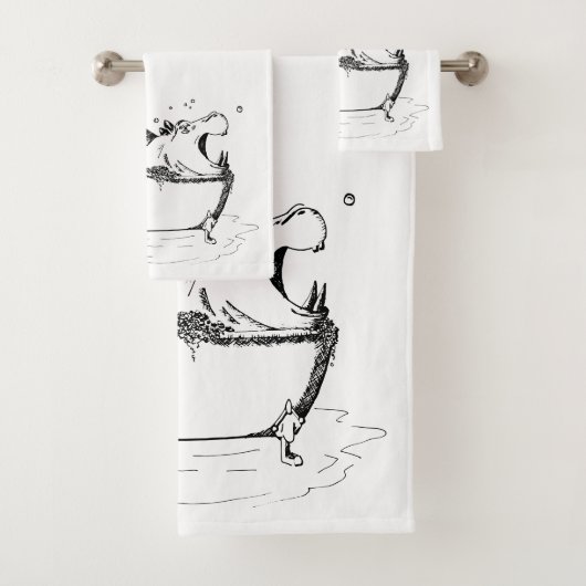 Hippo in the Bath Fun Illustration Black Badhandtuch Set (Insitu)