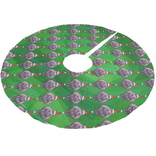 Hippo in Weihnachtsmannmütze Muster auf Grün Polyester Weihnachtsbaumdecke (Schrägansicht)