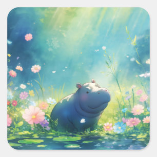 Hippo Magical Pond Meadow Quadratischer Aufkleber