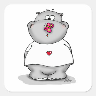 Hippo mit Butterfly auf seiner Nase Quadratischer Aufkleber