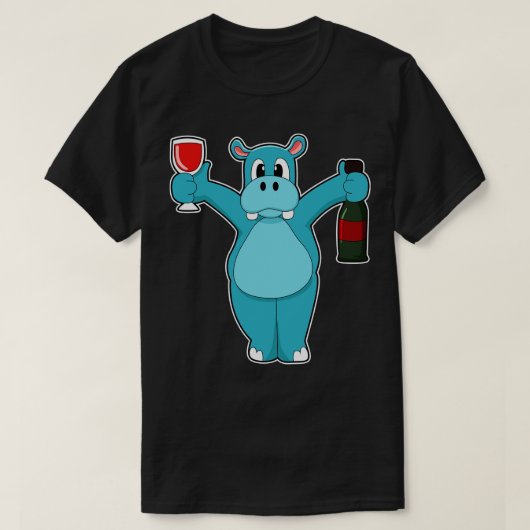 Hippo mit Glas Wein Flasche Wein T-Shirt (Design vorne)