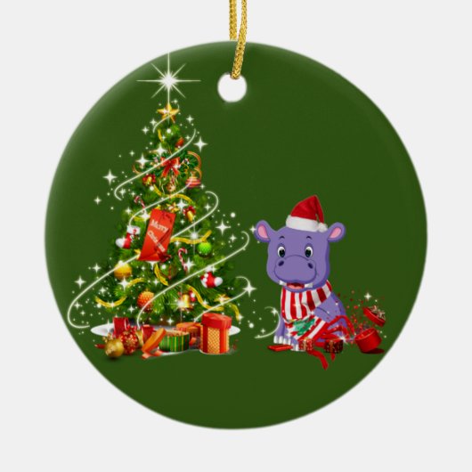 Hippo mit Hutschnupfen Weihnachten Keramik Ornament (Vorne)