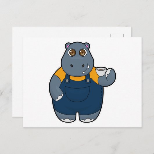 Hippo mit Kaffee-Cup Postkarte (Vorne/Hinten)