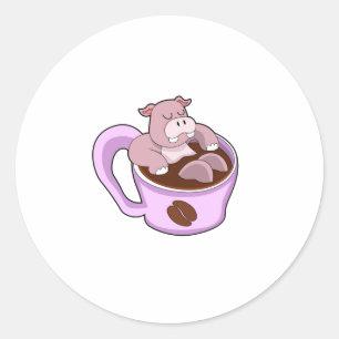 Hippo mit Kaffee-Cup Runder Aufkleber