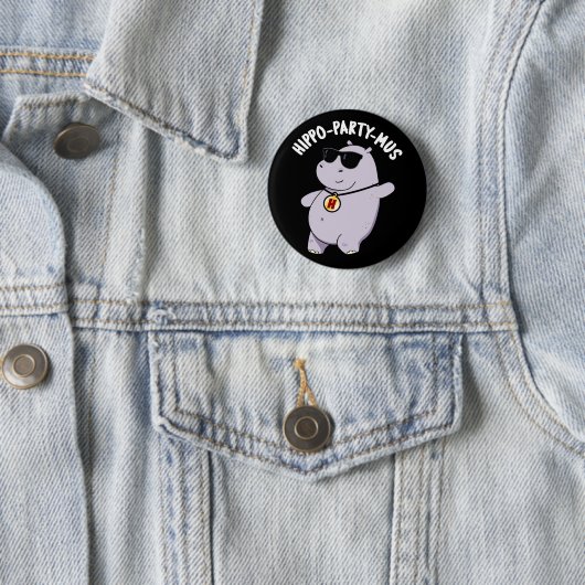 Hippo-Party-mus Funny Animal Hippo Pun Dark BG Button (Beispiel)