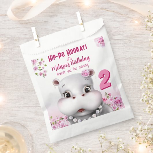 Hippo Pink Floral Girl Geburtstag Geschenktütchen (Ausgeschnitten)