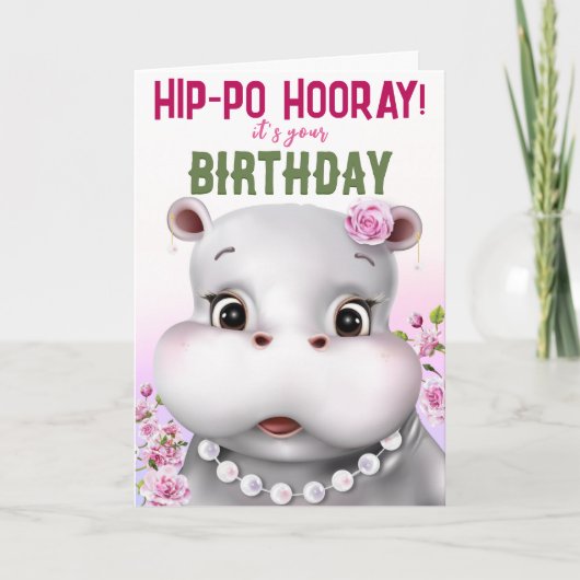 Hippo Pink Floral Girl Geburtstag Karte (Vorderseite)