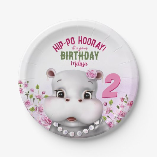 Hippo Pink Floral Girl Geburtstag Pappteller (Vorderseite)