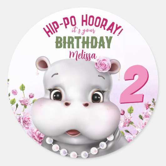 Hippo Pink Floral Girl Geburtstag Runder Aufkleber (Vorderseite)